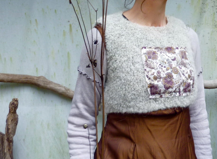Floral Warrior Bodice, hand knitted crop bodice in gray-brown wool and alpaca with Liberty of London floral panel READY TO SHIP