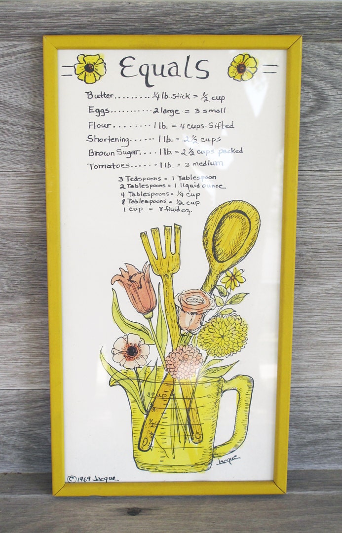 Vintage Kitchen Artwork by Jacque, 1969, Equals, Measurements Artwork
