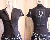 Upcycled Short Sleeve Pinstriped Cropped Jacket Top Ankh Back Patch Deathrock Goth