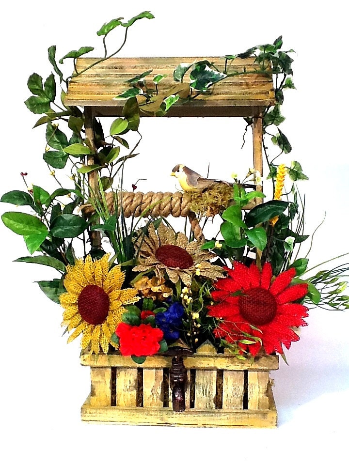 Wishing Well Custom Centerpiece Floral Arrangement Burlap Sunflowers Bird 4 season summer fall Unique Design by Cabin Cove Creations