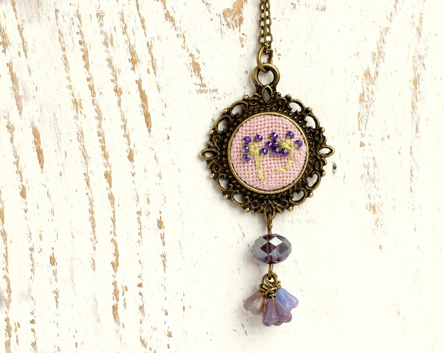 Braille botanical necklace - LOVE - embroidered dandelion - flower necklace - Victorian vintage style - n007
