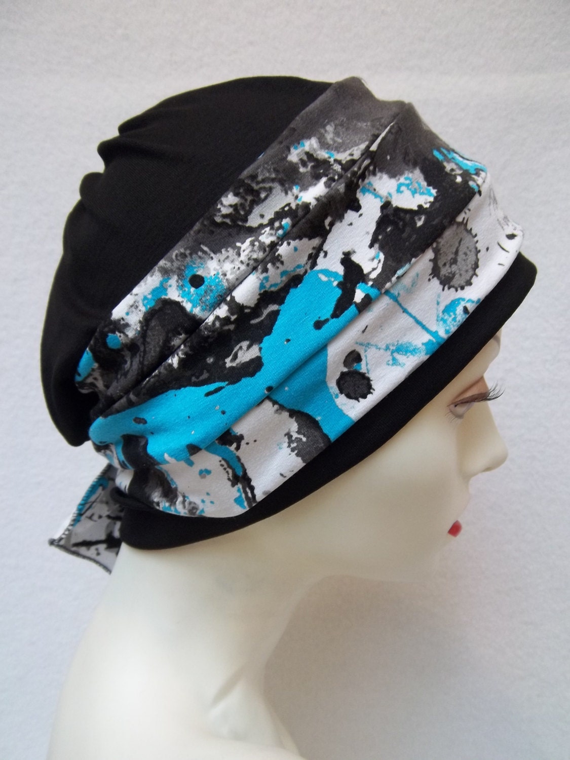 Spring Slouch Hat Black Rayon w Turquoise Print Headband Chemo Cap Nurse Scrub Cap