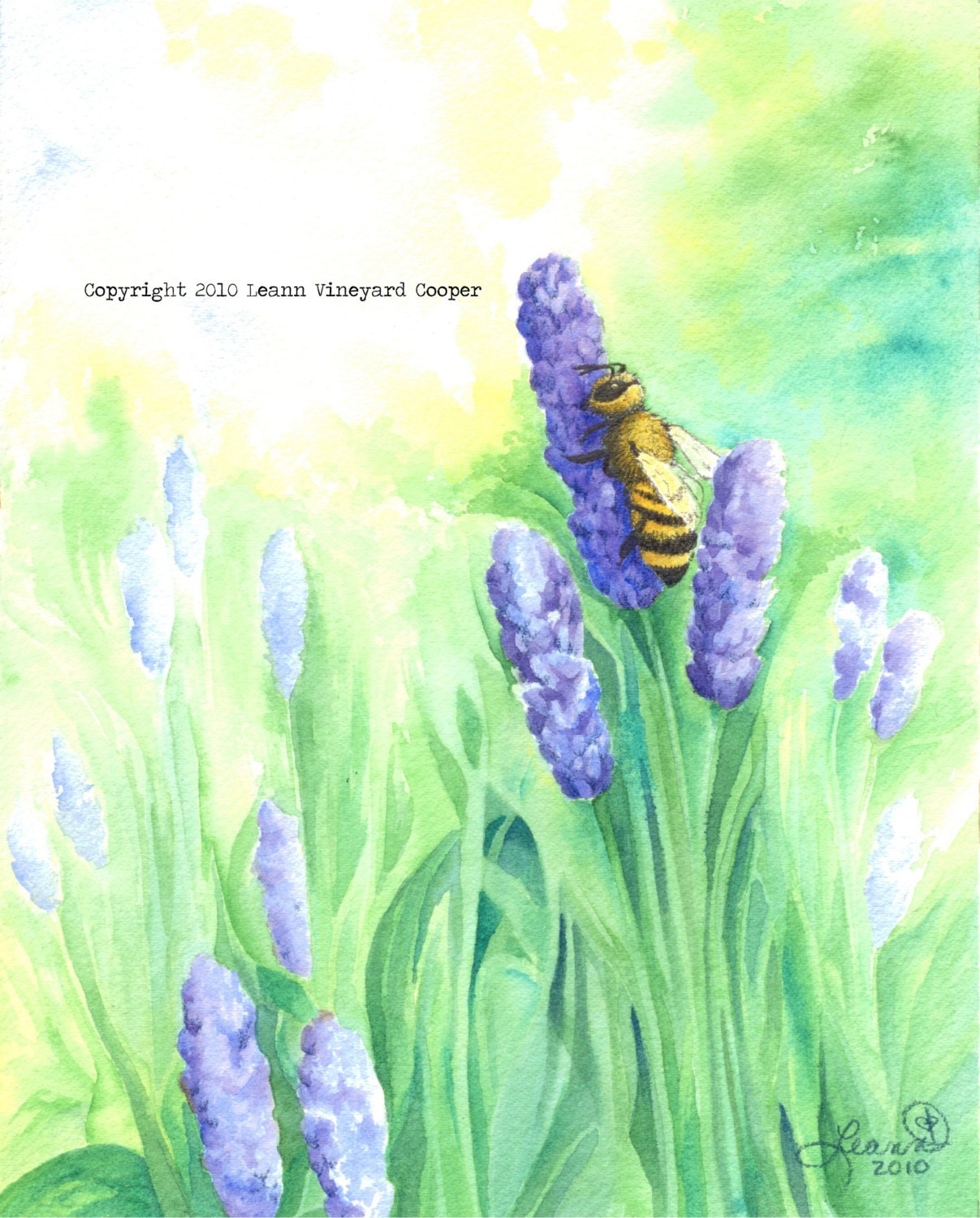 Bee and flowers watercolor, print - "Lavender and the Lone Bee"