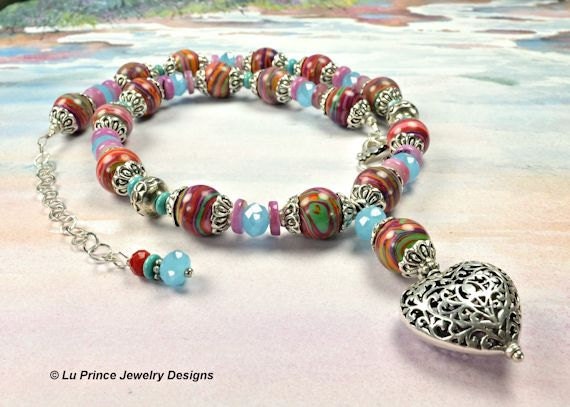 Bright and Colorful Red, Blue, Purple and Green Statement Necklace, With Large Sterling Silver Puffed Heart Pendant