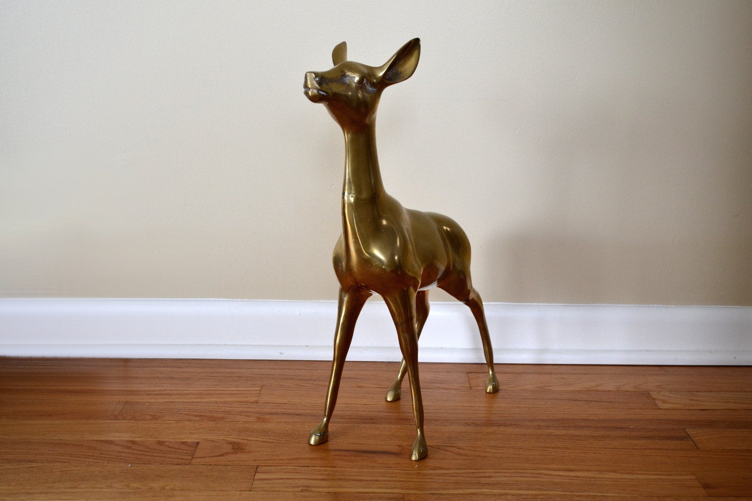 Vintage Large Brass Deer Statue, Tall Gold Tone Hollywood Regency Doe, Doorstop, Floor Figurine, Doorstop