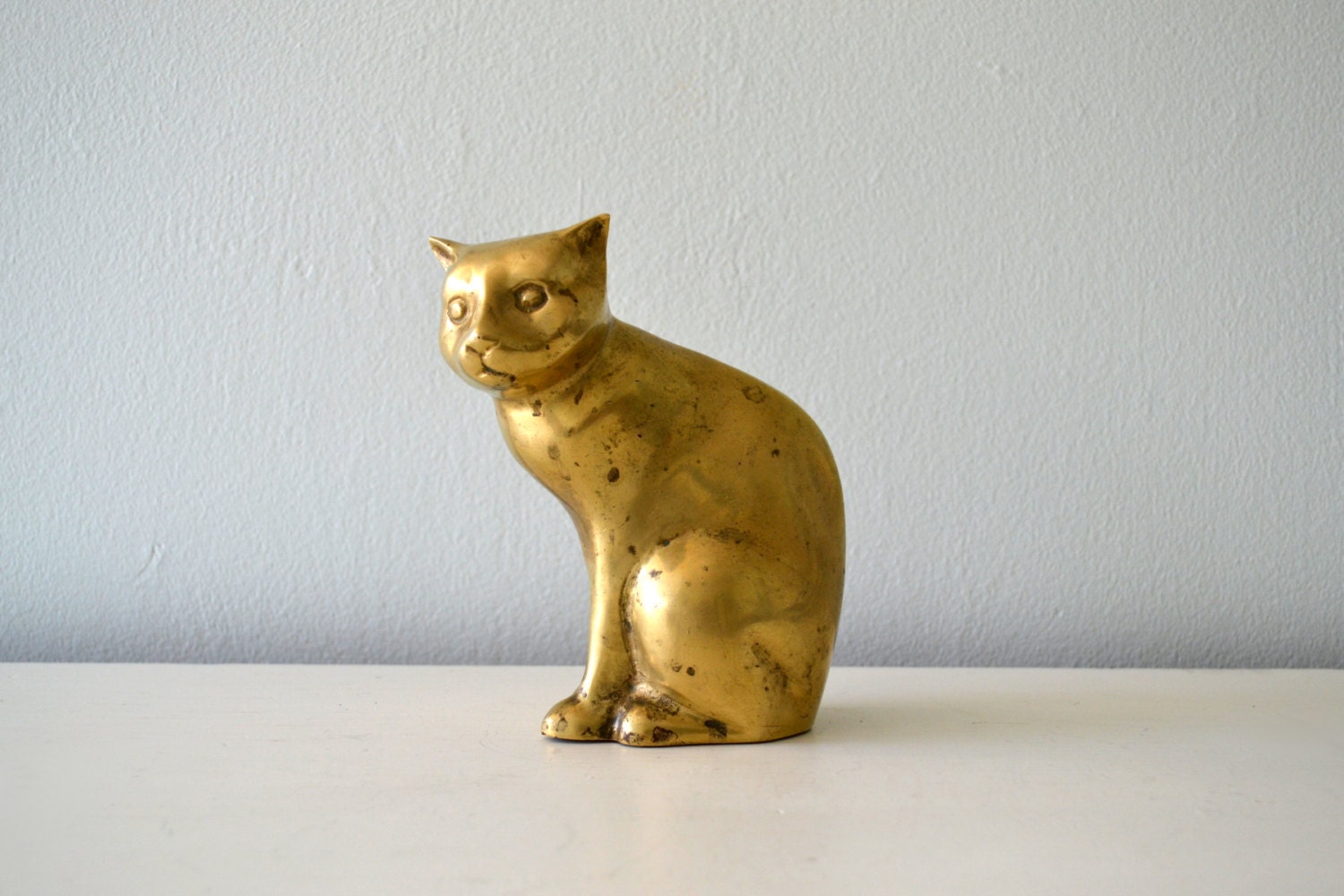 Vintage Brass Figurine, Large Cat Bookend, Gold Tone Hollywood Regency Paperweight, Pet Statue, Animal Shelf Sitter
