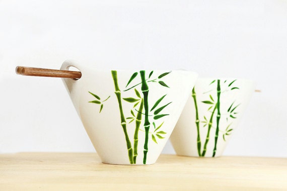 Hand Painted Ceramic Noodle Bowl With chopsticks green bamboo leaves botanical design modern minimalist white kitchen decor serving dish