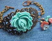 Vintage Style Copper Cuff  Bracelet- Turquoise Flower
