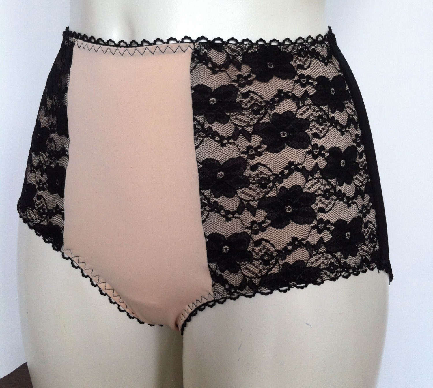 Nude and black lace high waisted knickers