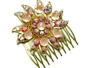 Pink Jeweled Hair Comb - Starburst Hair Comb - Reclaimed Vintage - Pink Hair Comb - Aurora Borealis Hair Comb - Rose