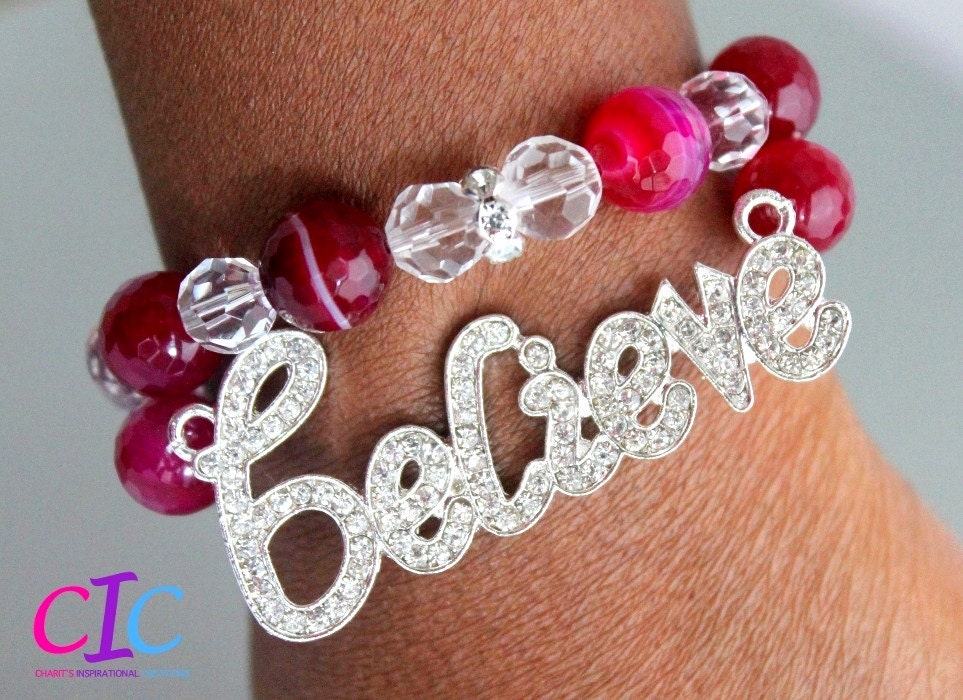 Believe Rose Pink Gemstone Handmade Inspirational Bracelet set