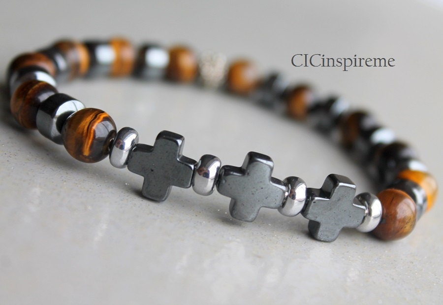 Men's Tiger eye and Hematite Cross Bracelet