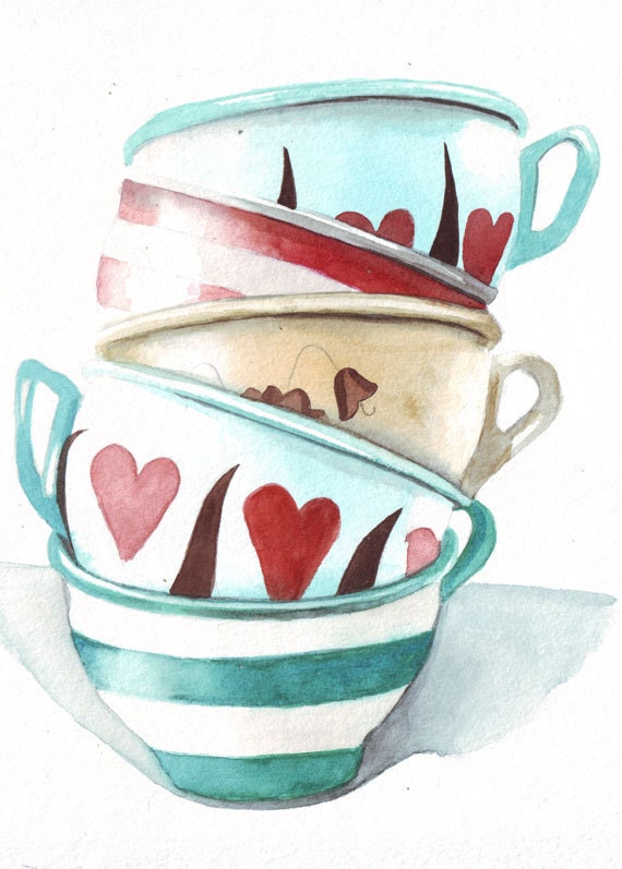 Original watercolor art tower of teacups stripes turquoise, red, yellow, pink painting