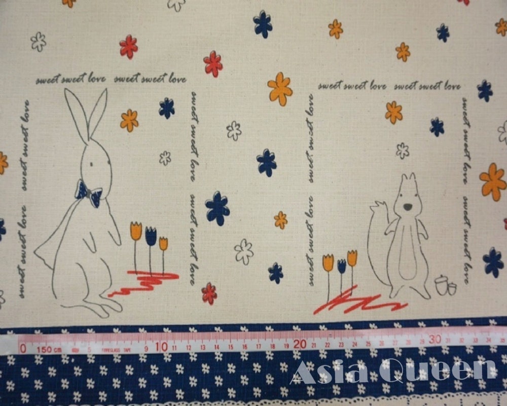 Rabbit and squirrel for curtain - blue - 1 yard - cotton linen - 3 colors to choose