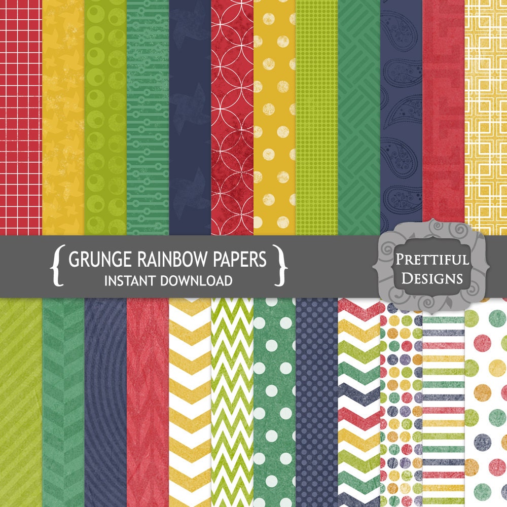 50% OFF SALE Digital Scrapbooking Paper Pack Grunge Rainbow Colors Chevron Polka Dot (651) Il_570xn