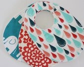 Set of 3 Baby Bibs with Rain Drops, Elephants and Wallflowers, and Minky Bubble Dot