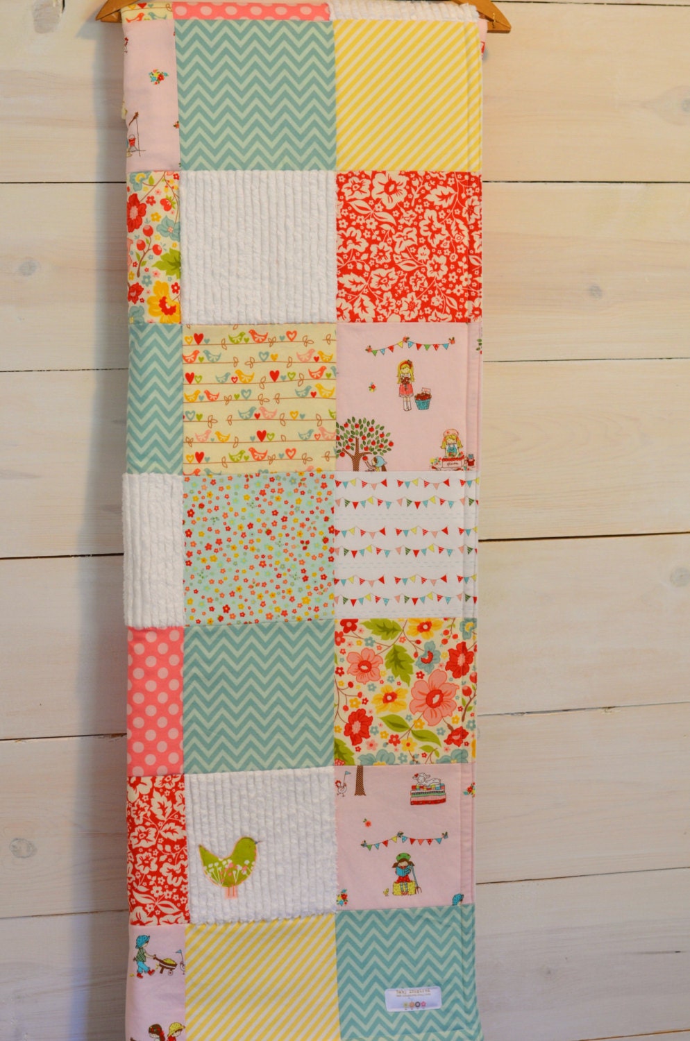 Toddler/Crib Size Simple Life Patchwork Blanket -You Pick the fabrics-Pink, Aqua, Yellow, Green, Red and White Patchwork Baby Blanket