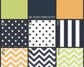 Custom Crib Bedding - 2 piece set in Navy, Green, and Orange fabrics  (Bumpers/Straight Box Skirt)