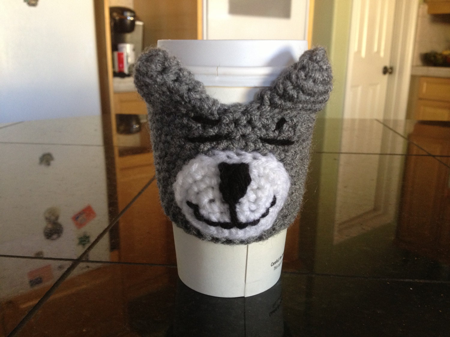 Grey and White Tabby Cat Coffee Cozy Amigurumi