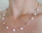 Brown, White and Egg Shell Color Tin Cup Necklace, 6mm Shell Pearls, Sterling Silver Clasp