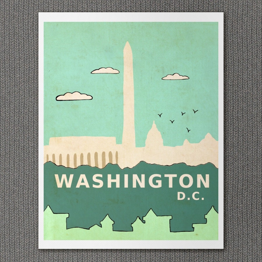 Nursery Art City Skyline Poster - Washington D.C. - 8x10 Travel Illustration and Typography Print