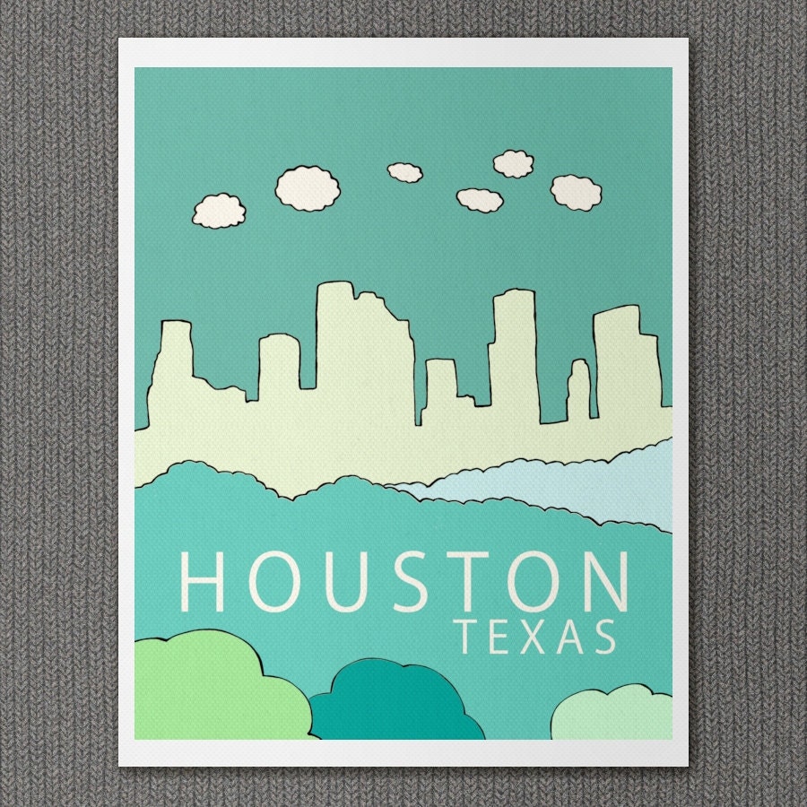 Kids Room Nursery Home Decor Wall Art City Poster - Houston Texas 16x20 - Skyline Illustration and Typography Art Poster