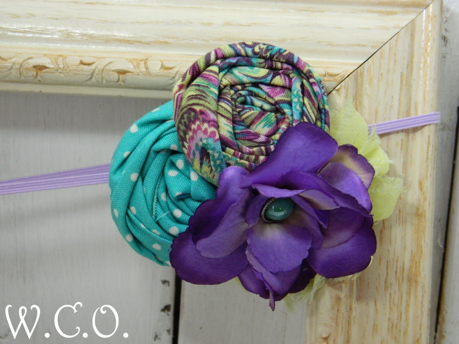 the REESE Shabby Flower and Fabric Rosette Headband with a Purple Hydrangea