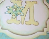 Blank 5x7 White Stardust All Occasion Greeting Card Handmade Designer Blue Green Leaf Pattern Letter "M" Floral Card