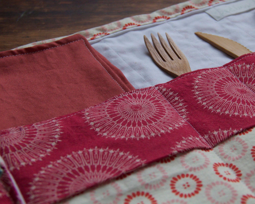 Red Portable Placemat with Reusable Cloth Napkin