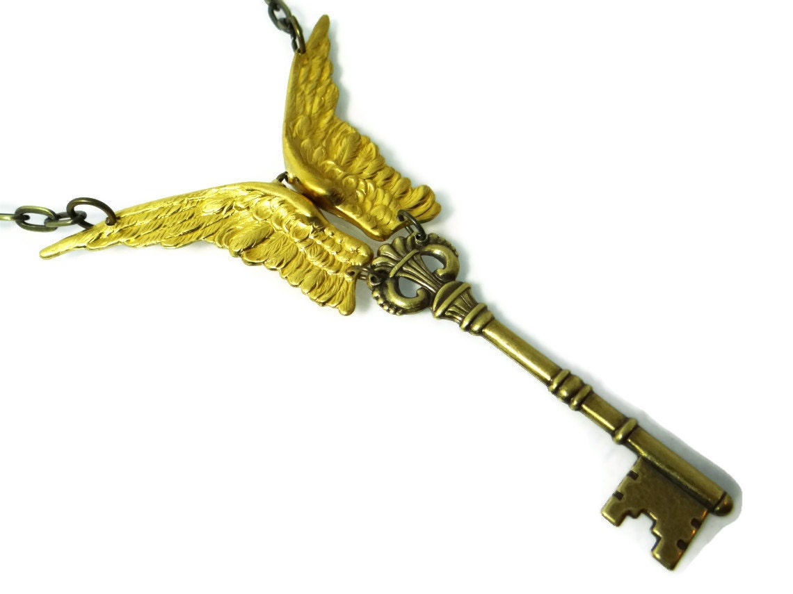 Steampunk Choker Necklace Winged Key in Flight Made in the USA Brass by Dr Brassy Steampunk