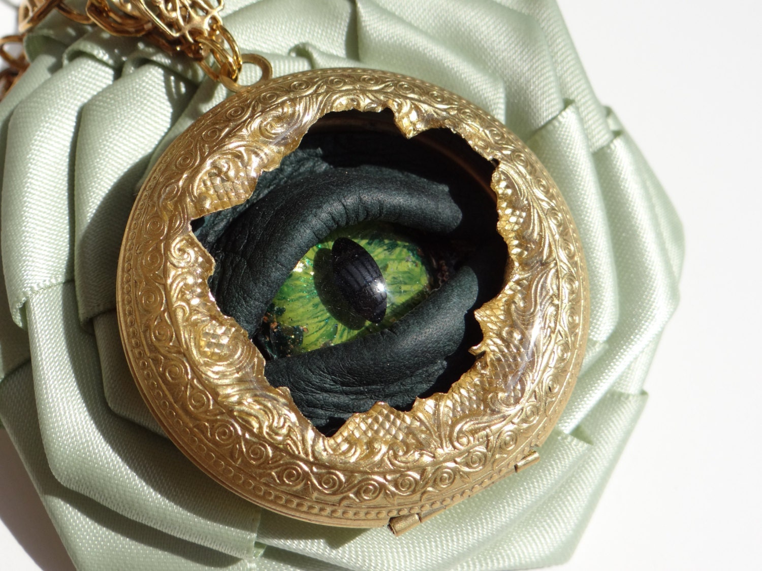 Steampunk Necklace Sightmares Bio Mechanical Eye Wasabi Green and Gold Eye in Gold Brass  by Dr Brassy Steamington