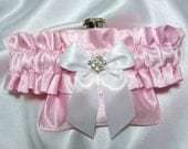 Flask Garter - Pink Satin Flask Garter with an Ivory Bow and Crystal Embellishment -  3 oz Stainless Steel Hip Flask Included