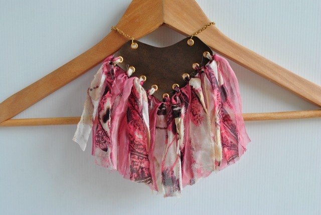 Tribal Jewellery, Leather Necklace, Bohemian Gypsy, Upcycled Eco, Statement Jewelry, Amazon Warrior Queen, Pink Rose Chiffon Fabric