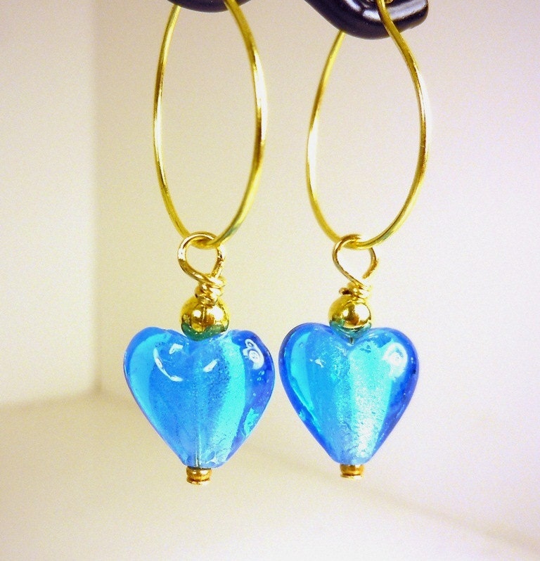 Beaded Earrings Foiled Glass Hearts on Gold Hoops