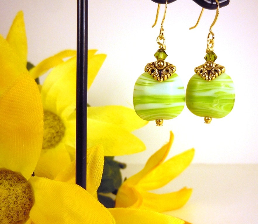 Beaded Earrings Green Glass Beads with Gold and Swarovski