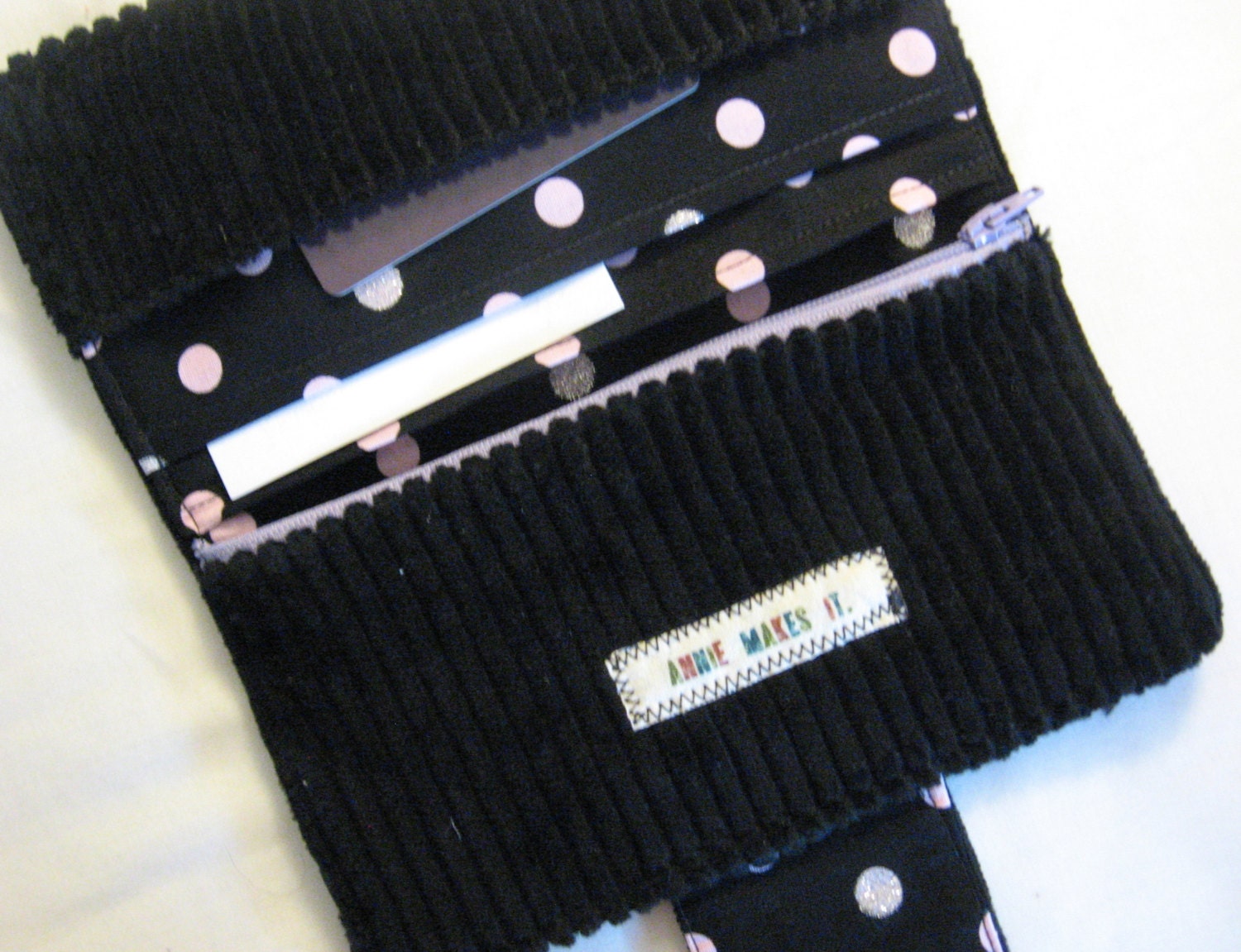 Black Corduroy Wallet with Zip Pocket