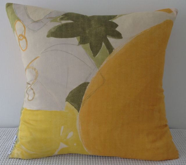 NEW Japanese fabric cushion cover in green white and yellow background with abstract plant motif, throw pillow, decorative cushion