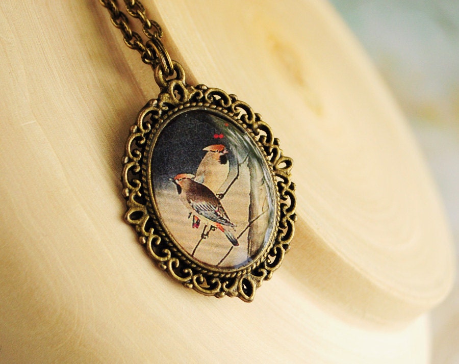Two birds vintage necklace - brown pendant, gray,  resin jewelry, gift for her for girl, long chain brass, history print- made to order