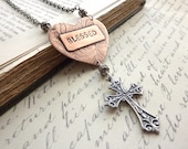 Blessed Heart Necklace Etched Copper Pendant Rustic Word Stamped Blessed Inspirational Cross Religious Christian