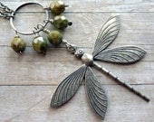 Dragonfly Necklace Long Silver Sage Green Spring Summer Insect Whimsical Casual