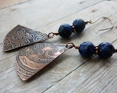 Copper Triangle Drop Earrings Etched Paisley Design Cobalt Blue Lapis Lazuli Beads Boho Geometric