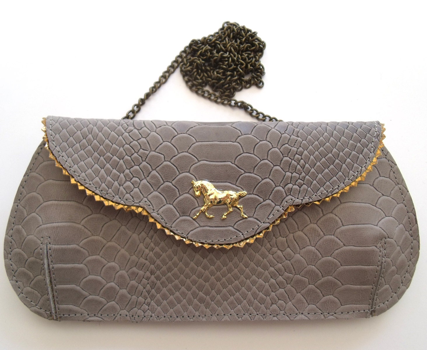 Holiday sale - Gorgeous grey leather clutch with a horse
