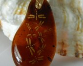 Amber Fused Glass with Gold Dragonflies Pendant Necklace