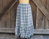 washed linen skirt double ruffles in navy blue plaid