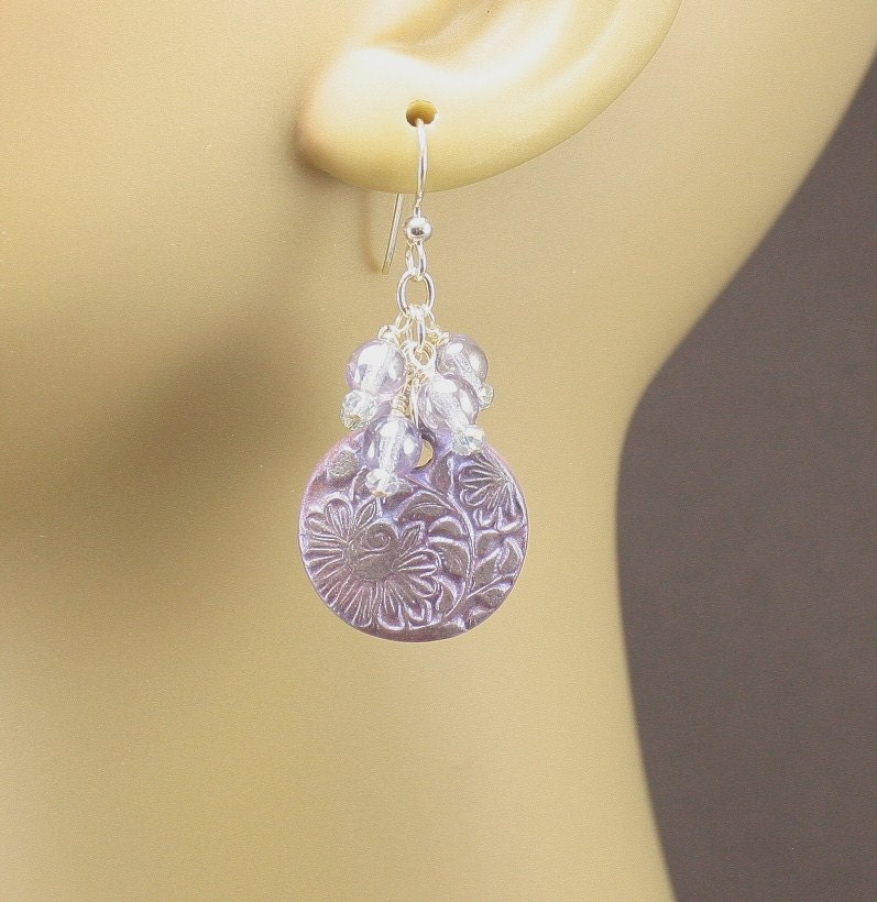 Lavender Earrings Climbing Rose Silver Shabby Chic Lavender Dangle Earrings