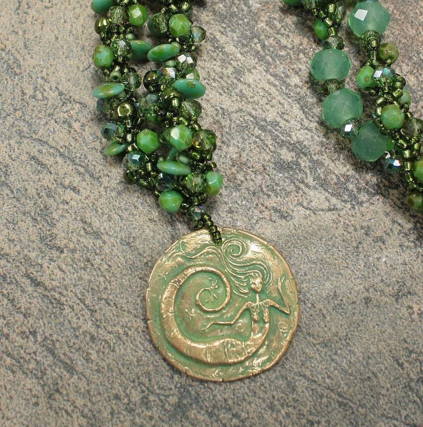 Mermaid Necklace Spring Green Turquoise Shibuichi Artisan Crafted Beadwork Mermaid Jewelry Beach Boho Luxe