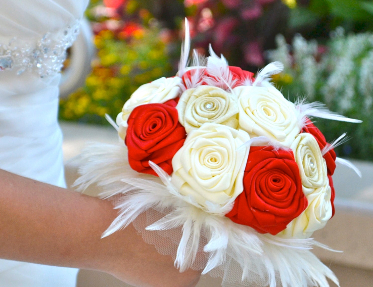 Bridal Bouquet Fabric and Feather Bouquet, Ivory and Red and Gold