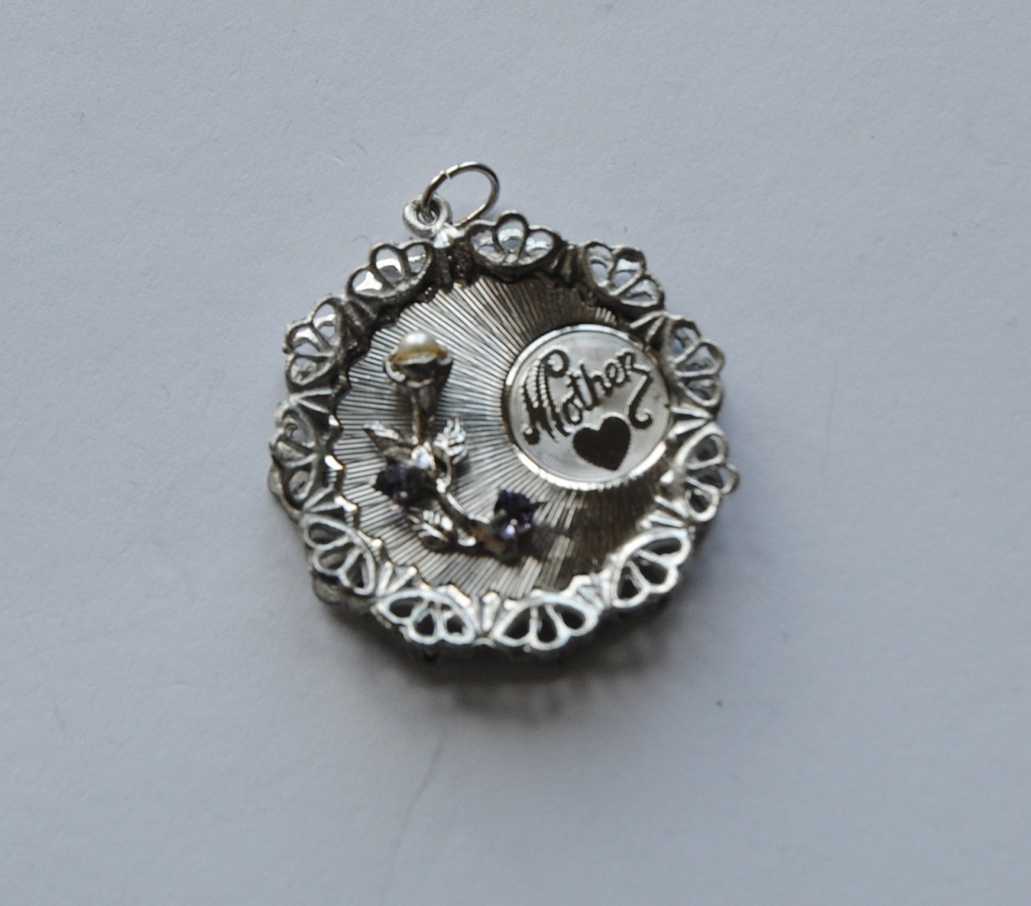 sterling silver mothers day pendant, lace ornate charm with flower vintage