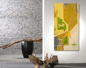 Large Abstract Acrylic Painting Original Fine Art 48"x24" by Linnea Heide - metallic gold - green - wheat - grey - white