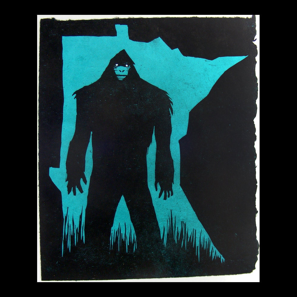 MN Bigfoot Woodcut Art Print. bright BLUE